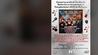 Affiche du concert rock caritatif de SO 6 VOLTAGE à Sausheim, avec la photo des cinq musiciens du groupe sur fond flouté